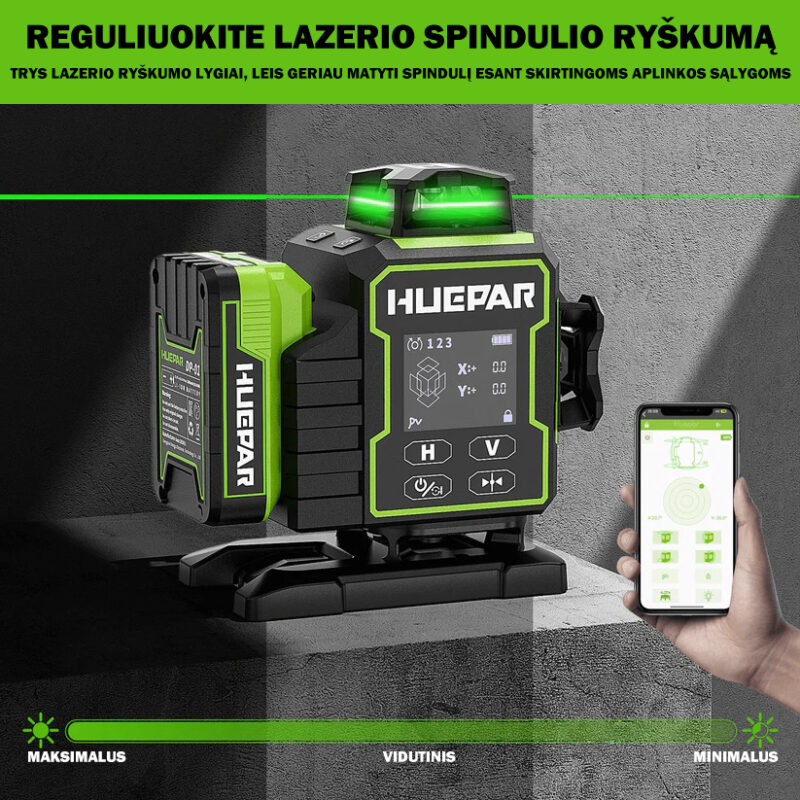 Huepar W04CG 4D rotacinis lazerinis nivelyras su akumuliatorium