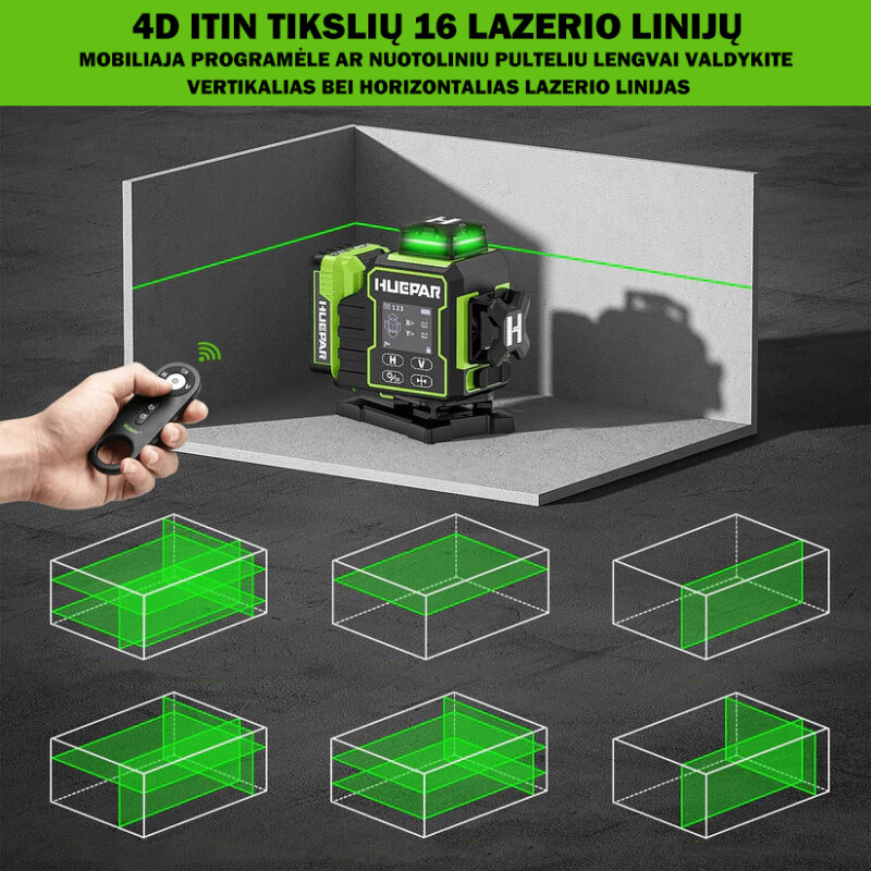 Huepar W04CG 4D rotacinis lazerinis nivelyras su akumuliatorium