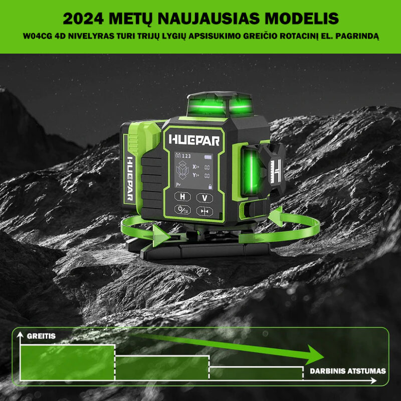 Huepar W04CG 4D rotacinis lazerinis nivelyras su akumuliatorium