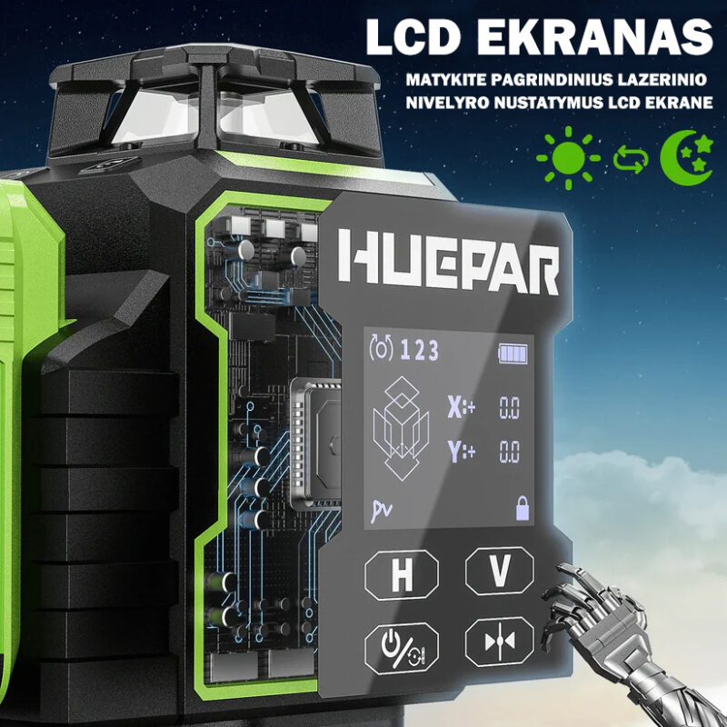 Huepar W04CG 4D rotacinis lazerinis nivelyras su akumuliatorium