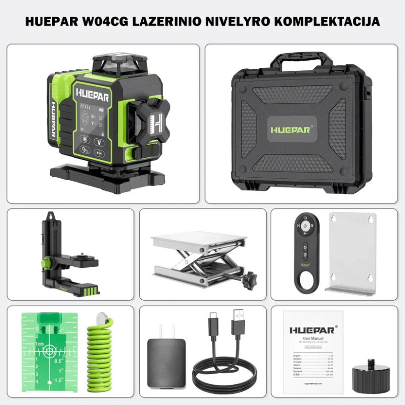 Huepar W04CG 4D rotacinis lazerinis nivelyras su akumuliatorium