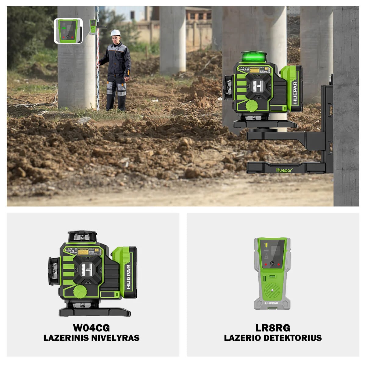 Huepar W04CG lazerinis nivelyras ir huepar lr-8rg lazerio detektorius rinkinys