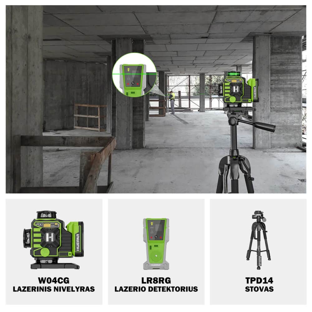 Huepar W04CG lazerinis nivelyras lr8rg lazerio detektorius tpd14 stovas rinkinys
