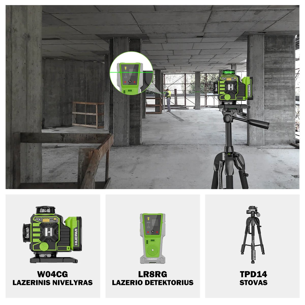 Huepar W04CG lazerinis nivelyras lr8rg lazerio detektorius tpd14 stovas rinkinys