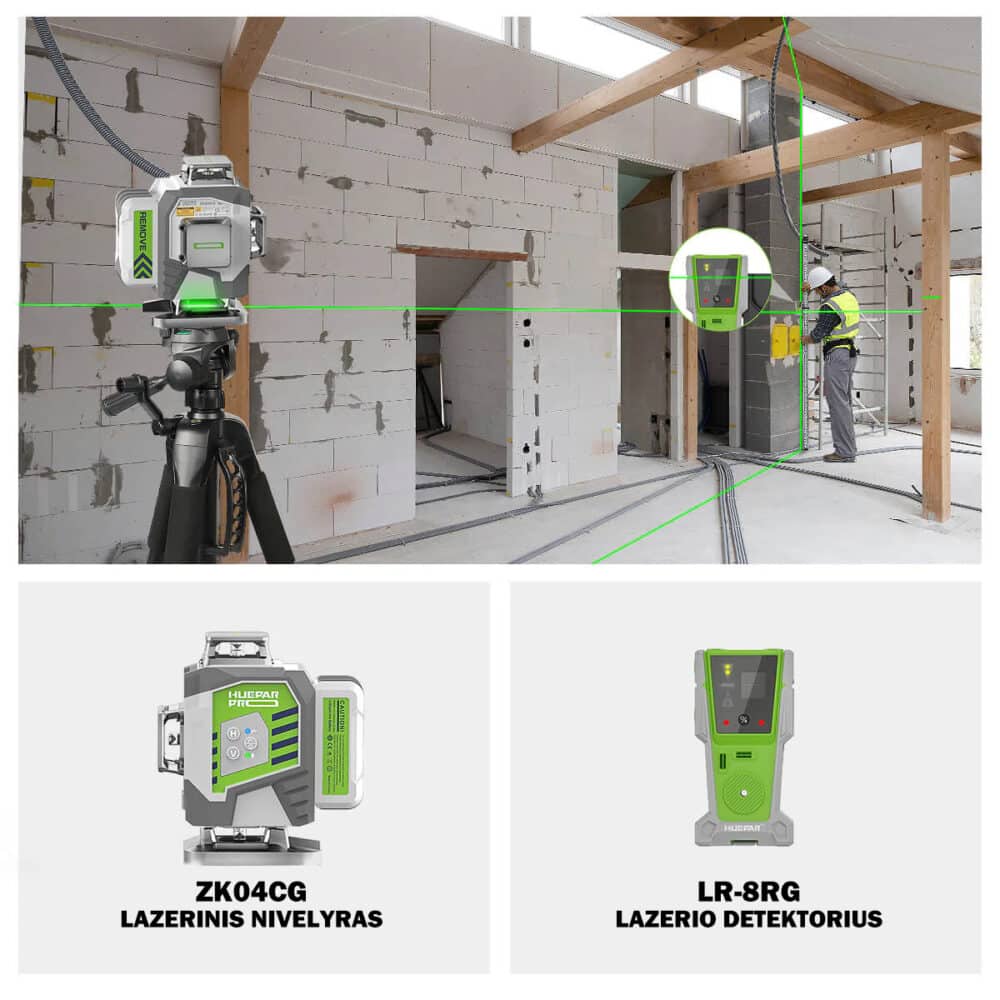 Huepar ZK04CG lazerinis nivelyras ir huepar lr-8rg lazerio detektorius rinkinys 1