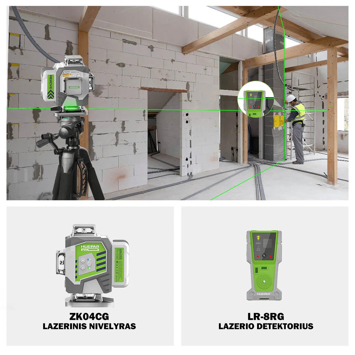Huepar ZK04CG lazerinis nivelyras ir huepar lr-8rg lazerio detektorius rinkinys 1