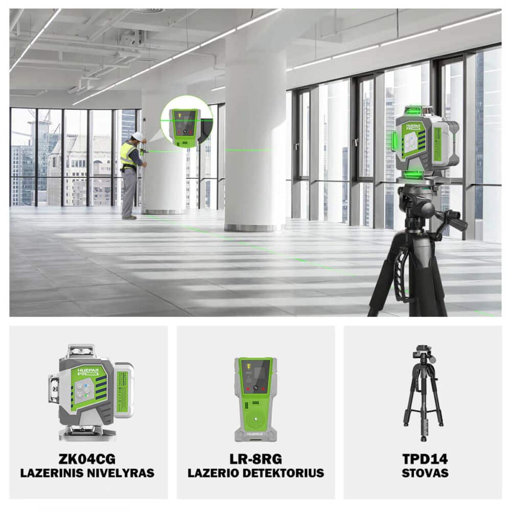 Huepar ZK04CG lazerinis nivelyras lr8rg lazerio detektorius tpd14 stovas rinkinys