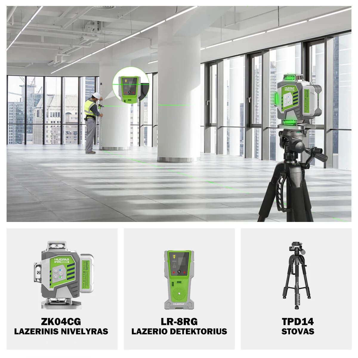 Huepar ZK04CG lazerinis nivelyras lr8rg lazerio detektorius tpd14 stovas rinkinys
