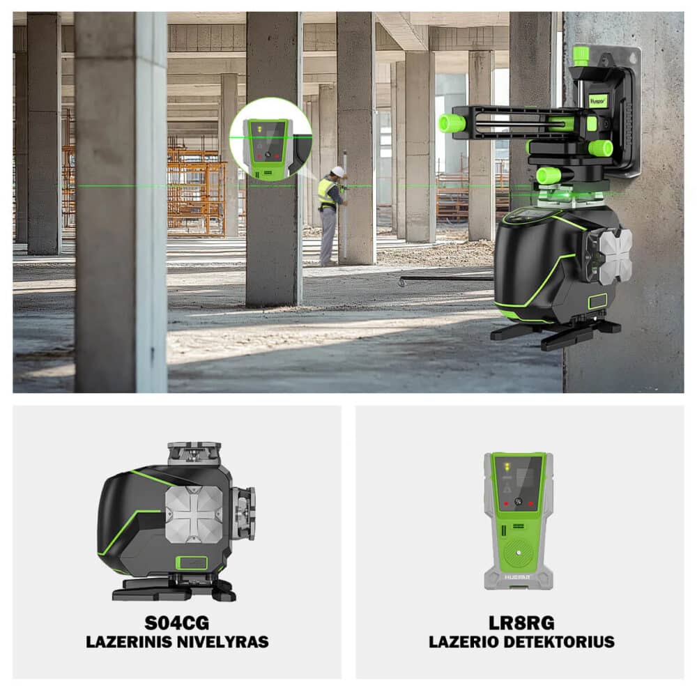 Huepar S04CG lazerinis nivelyras ir huepar lr-8rg lazerio detektorius rinkinys