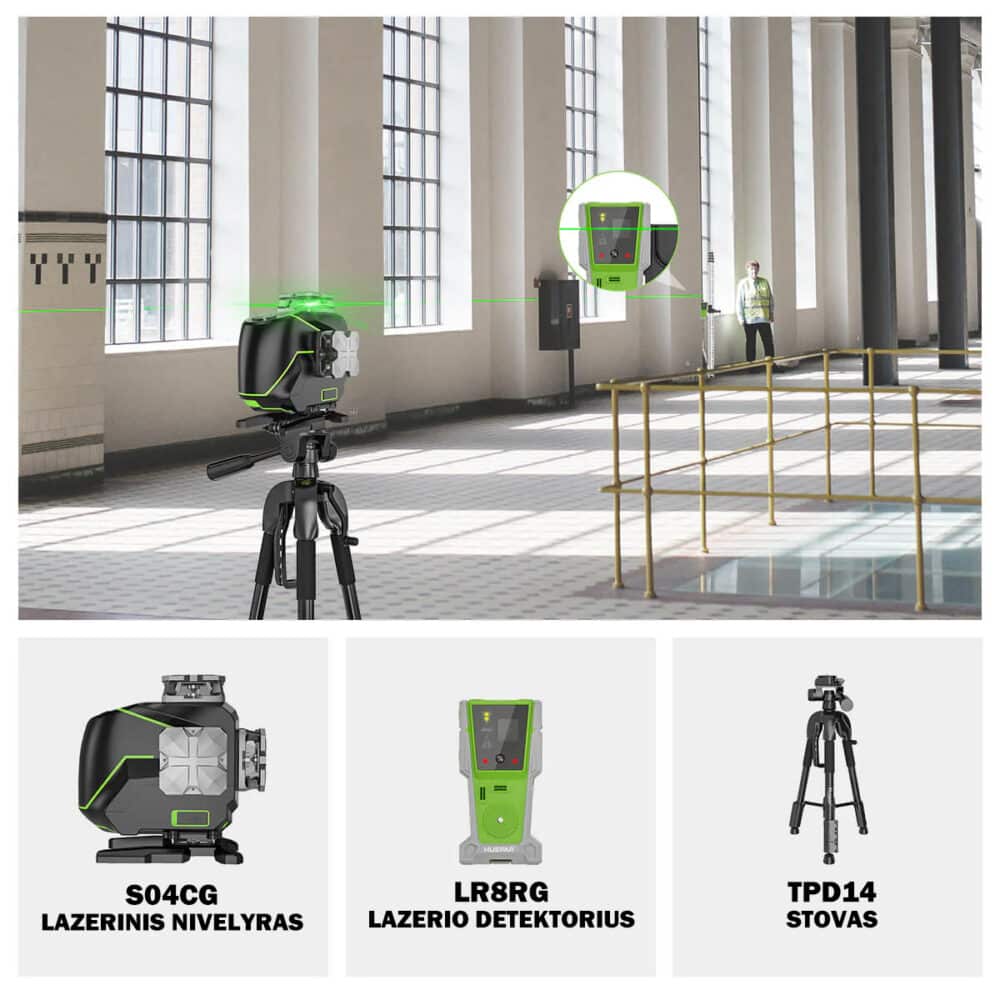 Huepar S04CG lazerinis nivelyras lr8rg lazerio detektorius tpd14 stovas rinkinys