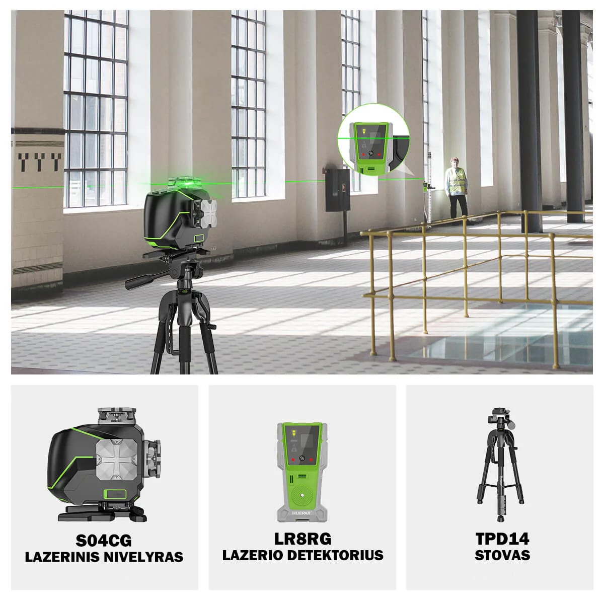 Huepar S04CG lazerinis nivelyras lr8rg lazerio detektorius tpd14 stovas rinkinys